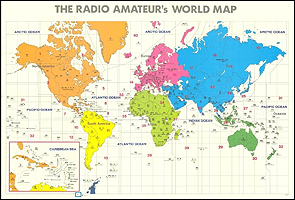 Map displaying Amateur Radio prefixes, DXCC names, ITU and CQ Zones.